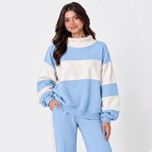 Women Oversized Mockneck Sweatshirt Blue <b>White</b> Color Block <b>Long</b> <b>Sleeve</b> Drop Shoulder Pullover Casual Streetwear Knitted <b>Top</b> - Product Image 1