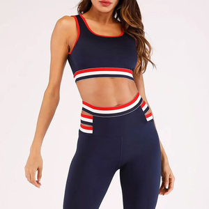 Navy <b>Blue</b> Two Piece Yoga Set Racerback Crop Top High Waist Full Length Leggings Contrast Binding Seamless Four Way Stretch - Product Image 5