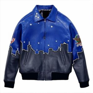 Chaqueta de Cuero PU Azul para Hombre, Estilo Bomber, con Estampado de Paisaje Urbano y Parches Bordados con Diseño de Estrellas, Chaqueta de Cuero de Invierno Resistente al Viento - Product Image 5