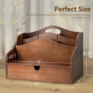 Vintage Wooden Desk Organizer with <b>Drawer</b> Multi Tiered Wood Mail Sorter Pen Holder <b>Storage</b> <b>Box</b> For Office Supply Wholesale - Product Image 6