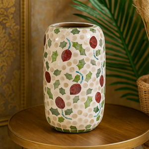 Jarrón de cerámica hecho a mano con incrustaciones de concha de Capiz, forma cilíndrica, patrón Floral de Granada, acento decorativo para el hogar para la sala de estar - Product Image 3