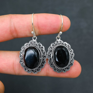 Customised Black Onyx LAB-CREATED 925 Sterling Silver <b>Earrings</b> 1.9" Handmade Gemstone Jewelry Antique <b>Fine</b> <b>Earring</b> Gift for Wome - Product Image 4