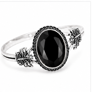Black Onyx Silver Bangle <b>Bracelet</b>, 925 Sterling Silver Oval Black Onyx Jewelry, Faceted Gemstone Statement Bangle, Gift for Her - Product Image 3