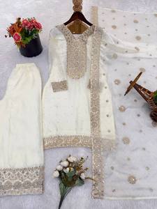 Ensemble Kurta et pantalon en soie blanche avec dupatta, tenue traditionnelle indienne pakistanaise pour mariage, longueur au sol, pour femmes - Product Image 6
