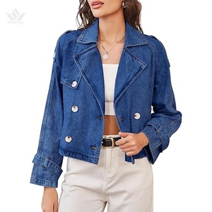 Women's Cropped Woven <b>Denim</b> Motorcycle Blazer Double Breasted Lapel Collar Long Sleeve Party Autumn Fashion <b>Jacket</b> - Product Image 1