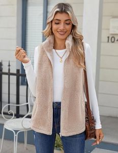 <b>Women's</b> <b>Beige</b> Faux Fur Vest Stand Collar Zipper Closure Sleeveless Outerwear Casual Style Solid Color Velour Fabric OEM - Product Image 1