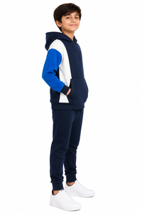Kids Winter Navy Blue <b>White</b> Royal Blue Hooded Tracksuit Set 100% Cotton Pullover Hoodie Matching <b>Jogger</b> Pants Comfort - Product Image 2