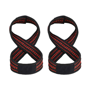 Correa de levantamiento de pesas en forma de 8, de nailon negro con costuras rojas, cierre de velcro, ajustable, para gimnasio, unisex. - Product Image 3