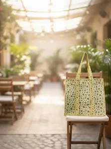 Women Yellow Quilted Cotton <b>Tote</b> <b>Bag</b> with Floral Hand Print Bohemian Style <b>Summer</b> Casual Open Shopping <b>Bag</b> - Product Image 3