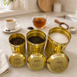 Ensemble de 3 pots à café, thé et sucre en laiton martelé SHUBHAM avec couvercles – Boîtes de rangement dorées martelées pour la cuisine - Product Image 1
