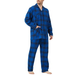 Ensemble de pyjama en flanelle bleu à carreaux pour homme, manches longues, boutons sur le devant, vêtements de nuit respirants en coton, vêtements décontractés d'hiver - Product Image 4