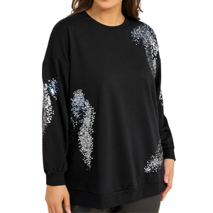 Plus Size Women's Breathable Knitted Curve Black & Silver <b>Sequin</b> Embellished Sweatshirt for Autumn/Winter/Summer/Spring - Product Image 5