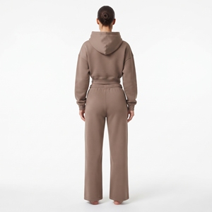 Conjunto de Sudadera Corta con Capucha para Mujer, Cremallera Completa, Hombros Caídos, Manga Larga, Pantalón Jogger de Pierna Ancha con Cordón, 100% Algodón Felpa, Conjunto de Dos Piezas - Product Image 4