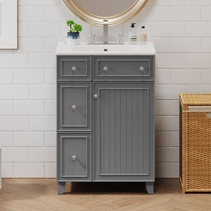 Mobile Bagno Grigio da 24 Pollici con Lavabo in Ceramica e 1 Anta Soft-Close, 2 Cassetti - Product Image 3