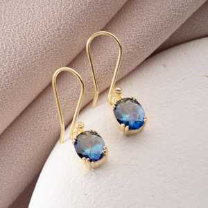 Pendientes Colgantes de Tanzanita Ovalada Azul, Piedra de Nacimiento de Diciembre, Plata de Ley 925, Chapados en Oro de 14K - Product Image 1