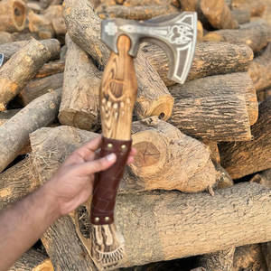 Handmade Industrial Grade Viking <b>Axe</b> Engraved Nordic Head Carbon Steel Blade Wooden Leather Wrap Inspired Scandinavian Heritage - Product Image 1