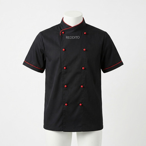 Reddito Black <b>Mandarin</b> <b>Collar</b> Double Breasted Chef <b>Jacket</b> Men Workwear Style Short Sleeve Polyester Solid Color - Product Image 1