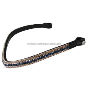 สายคาดหน้าม้าหนังแท้คุณภาพดีที่สุด ประดับคริสตัลสีน้ำเงินกรมท่าและสีทองสามแถว ระยิบระยับสวยงาม - Product Image 1