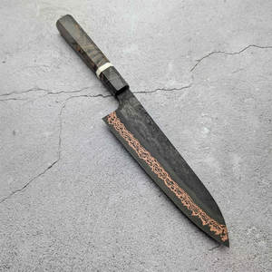 Couteau de chef à lame pleine en cuivre à motif Damas avec manche métallique minimaliste, couteau de cuisine professionnel - Product Image 1