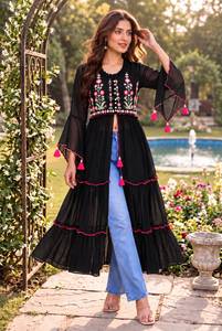 Indian Purple Embroidered Georgette <b>Kurti</b> Tassel Details Regular Fit Regular Length <b>Women</b> Ethnic Top Recycled Materials Wedding - Product Image 4