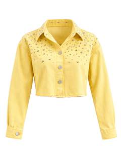 Veste en jean courte jaune personnalisée pour femme avec boutons ornés de strass, manches longues, style décontracté et tendance - Product Image 1