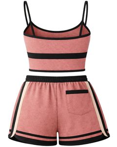 Dusty Pink Black Women Camisole And Shorts <b>Set</b> Summer Two Piece Outfit Cotton Blend Crop Top Mushroom Print Drawstring Shorts - Product Image 2