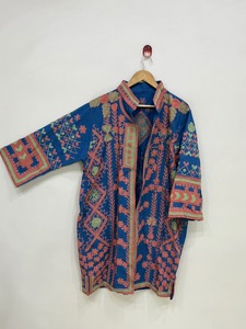 Bata Vintage Azul con Bordado Floral para Mujer, Cuello Mandarín, Manga Tres Cuartos, Largo hasta la Rodilla, Bordado a Mano, Ropa de Otoño - Product Image 2