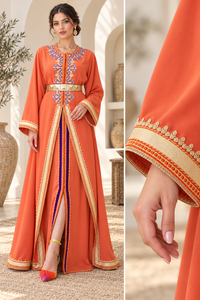 Caftan marocain Mishkat Couture corail orange avec broderie or violet, manches longues, ceinture or massif, maxi en velours prune respirant - Product Image 2