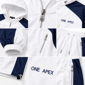 ONEAPEX <b>Women's</b> <b>White</b> Navy Hooded Windbreaker <b>Tracksuit</b> Quick Dry 100% Polyester Waterproof Zipper Jacket Full-Length Wide Leg - Product Image 4