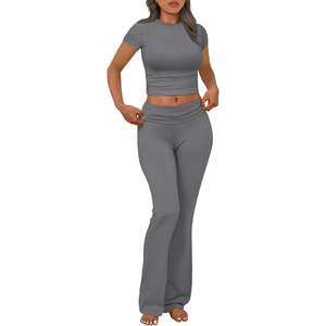 Trendy Damen Queen für Lounge 2-teilige Casual Y2K Outfits Kurzarm-Kurz oberteile mit Fold Flare Pants Trainings anzügen - Product Image 1