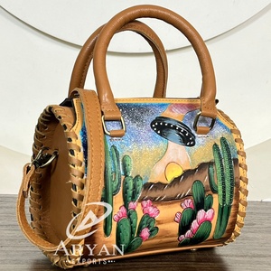 Trending Designer Western Cactus UFO Tooled Leather Speedy Bags Genuine Cow Leather Crossbody Travel Small Duffel Bag for Women - Product Image 1