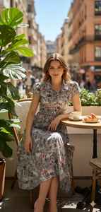 เดรสสายเดี่ยวผู้หญิง ลายอิกกัต ทรงพลิ้ว ยาวคลุมข้อเท้า สีน้ำเงิน สไตล์ลำลอง ติดกระดุม ใส่ได้ทุกวัน ระบายอากาศได้ดี ทรงเอไลน์ ผ้าฝ้าย 100% - Product Image 4