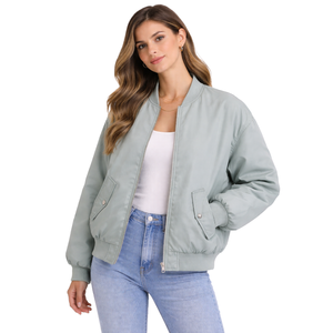 Chaqueta bomber verde salvia para mujer, ligera, con cremallera, informal, con puños acanalados, bolsillos con broche, ropa de calle. - Product Image 1