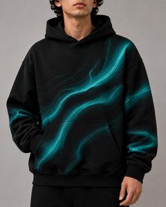 Sweat-shirt à capuche surdimensionné noir pour homme, motif marbré turquoise, imprimé numérique artistique, en molleton, style streetwear décontracté - Product Image 5