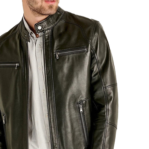 <b>Men</b> Premium Leather Moto Jacket Stand Collar Zipper Closure Slim Fit Black Regular Sleeve Autumn Style - Product Image 2