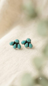 Kingdman Mohave Turquoise Cluster Stud <b>Earrings</b> | Handmade Silver Southwestern Statement Boho Western Jewelry - Product Image 2