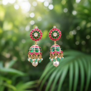 Jaipur Jadau Kundan Gold Plated Drop Stud Earrings with Pearl and Tassel - Product Image 3