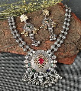 Antique Two Tone Gold Silver Plated Statement Necklace with Dangle Earrings <b>Indian</b> Wedding <b>Jewelry</b> <b>Set</b> - Product Image 3