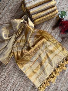 Sari en tissu de lin doré avec pièce de tissu pour la blouse, pour femmes, tenue traditionnelle indienne pour mariage - Product Image 3