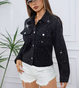 Black Sequined Denim <b>Jacket</b> Women <b>Cropped</b> Floral Pattern Formal Breathable Distressed Spring Outerwear - Product Image 1