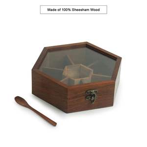 Wooden Hexagonal Spice <b>Box</b> with Lid for Kitchen Storage <b>Masala</b> Organizer - Product Image 3