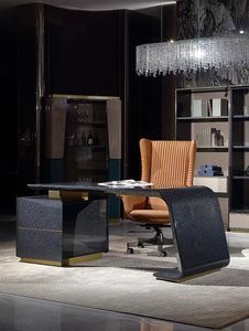 Ensemble de bureau de direction de luxe moderne, design italien, table de patron haut de gamme en cuir incurvé avec bibliothèque - Product Image 1