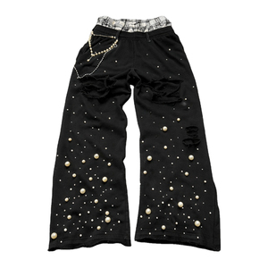 Pantalones Anchos Negros de Cintura Alta Personalizados con Decoración de Perlas, Estilo Urbano Desgastado, Pantalones para Hombre con Cintura Elástica - Product Image 1