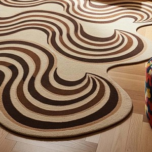 Abstract Wavy Area Rug Retro Modern Cream <b>Brown</b> <b>Wool</b> Carpet Irregular Shape Hand Tufted Living Room Bedroom Statement Floor Rug - Product Image 6