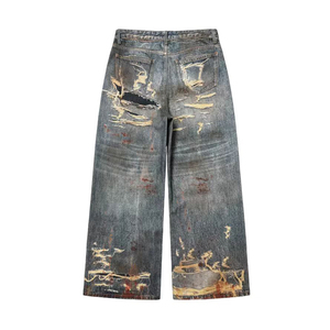 Jeans personnalisés en gros pour hommes, style streetwear hip-hop, à ourlet brut, effet délavé soleil, coupe ample, droite et large - Product Image 2