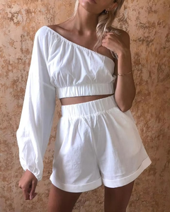 Solid Casual Collarless White Linen Cropped <b>One</b> Sleeve <b>Top</b> High Waist Elastic Waistband Shorts Women Summer - Product Image 6