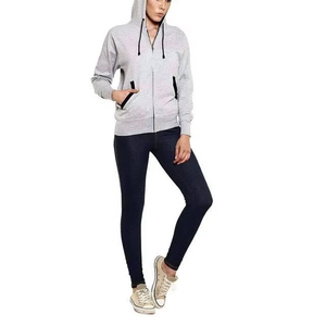 Sudadera con capucha para mujer, color gris, manga larga, con cremallera, color sólido, transpirable, mezcla de algodón tejido, estilo otoñal, sudadera con capucha forrada - Product Image 3