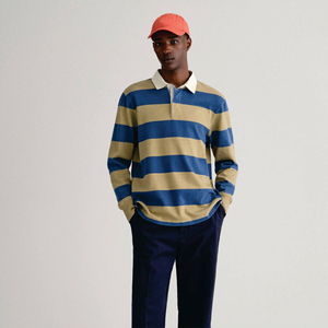 Polo de Punto a Rayas de Manga Larga para Hombre, Azul Beige, Ropa Casual - Product Image 1