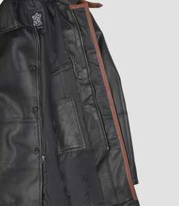 Veste en cuir noir pour femme, col haut, en peau de mouton, avec détails marron, entièrement doublée - Product Image 6