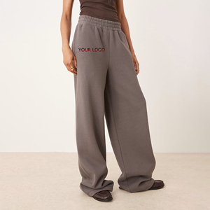 Pantalon large gris pour femme, taille haute élastique, coupe ample, longueur intégrale, couleur unie, décontracté, pour l'automne, en tissu éponge - Product Image 2